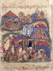Ms c-23 f.12a、キャラバン停車所、アルハリリ作「The Maqamat」（会議）、c.1240（ベラムのガッシュ）